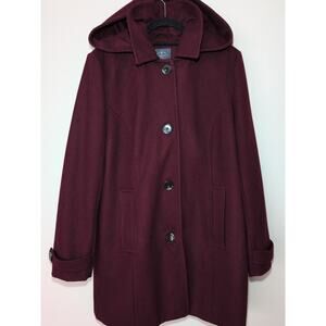 St John Bay Burgundy Wine Single Breasted Hood Wool Blend Button Up Coat 3/4 XL